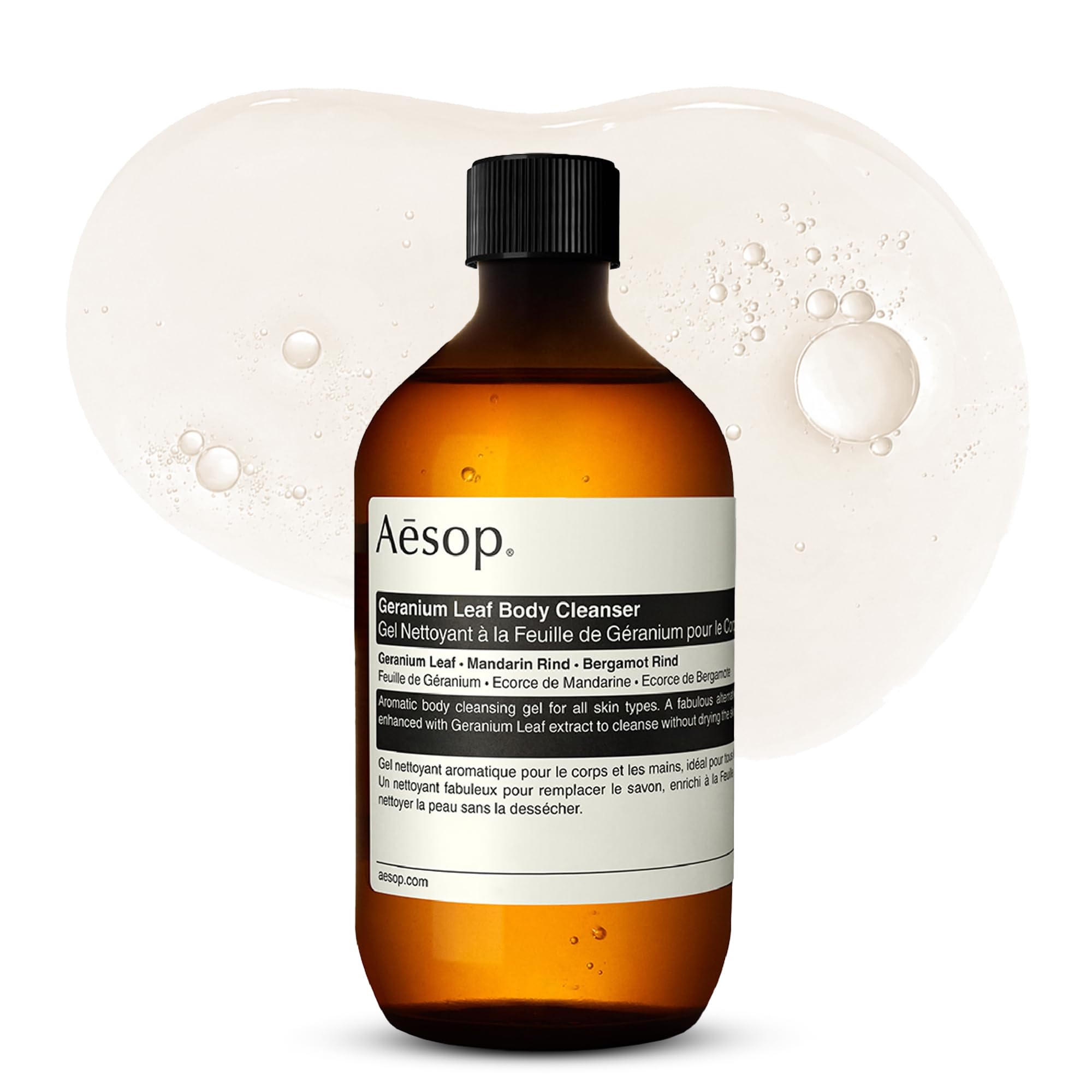 Aesop front packaging showing 500 mL recyclable bottle benefit of refill economy
