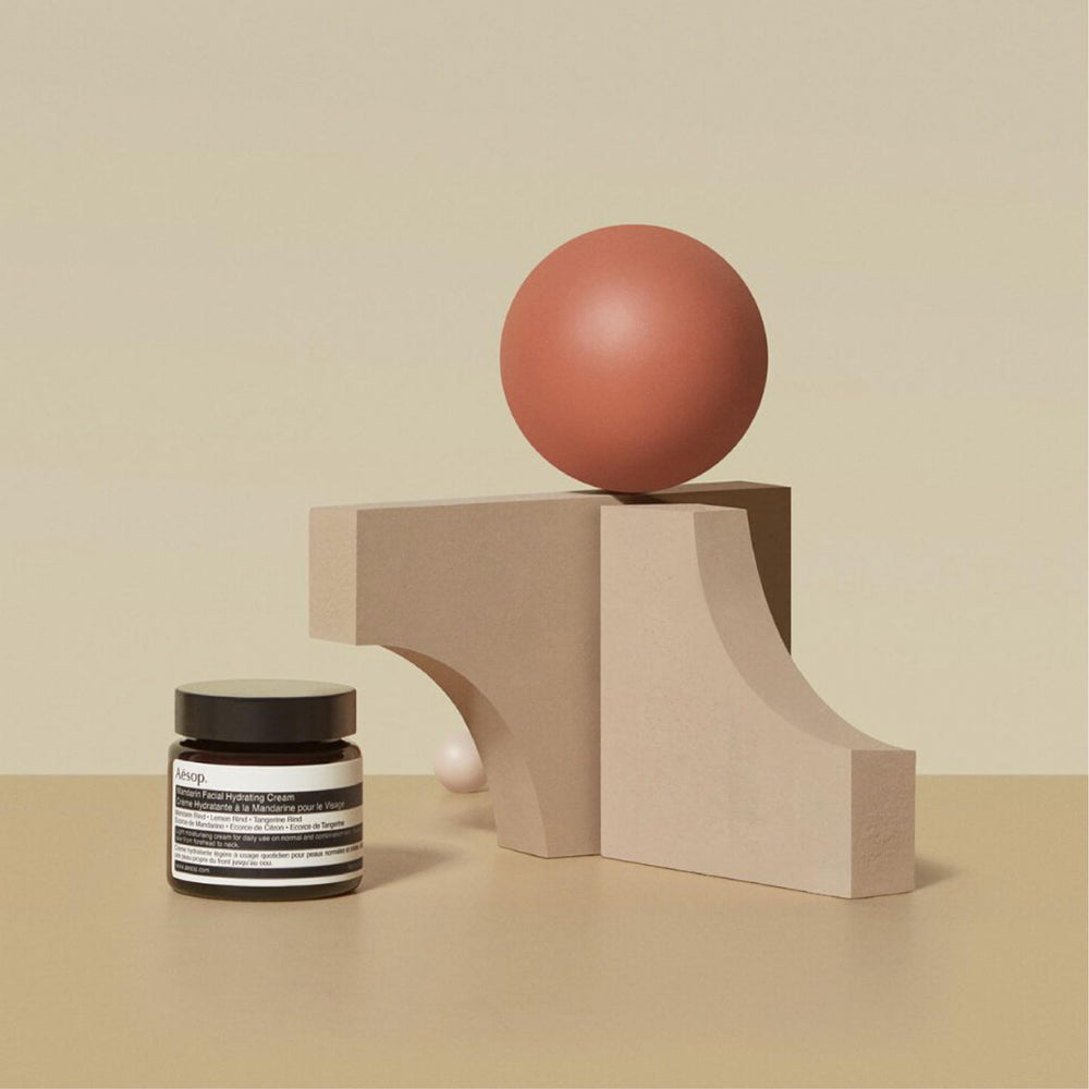 Aesop mandarin product label detail highlighting ingredients and sustainable sourcing benefits
