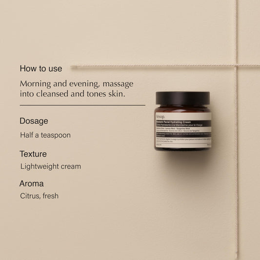 Aesop mandarin cream texture close-up demonstrating silky absorbency and cooling effect