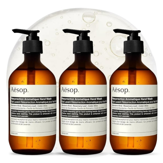 Aesop front packaging showing elegant bottle and label, improves countertop style