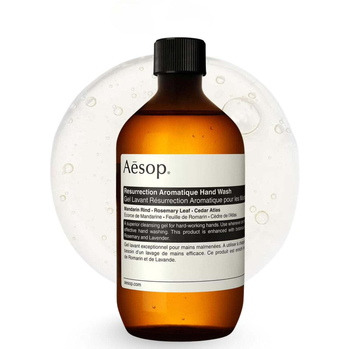 Aesop refill front label showing product name and volume benefit