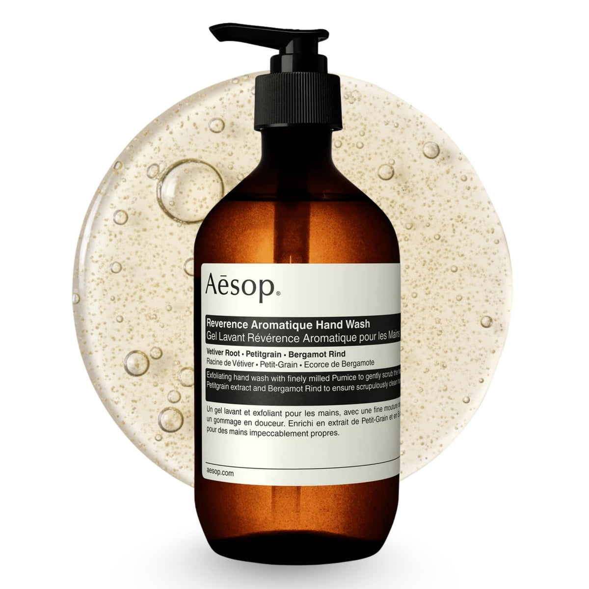 Aesop bottle front view showing label and 500mL capacity for clear identification and appeal