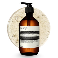 Aesop bottle front view showing label and 500mL capacity for clear identification and appeal