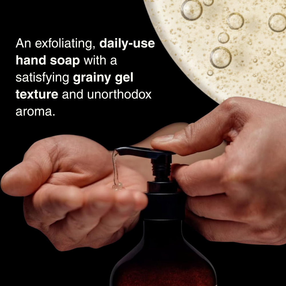 Close-up of creamy hand wash with finely milled pumice showing exfoliating texture benefit