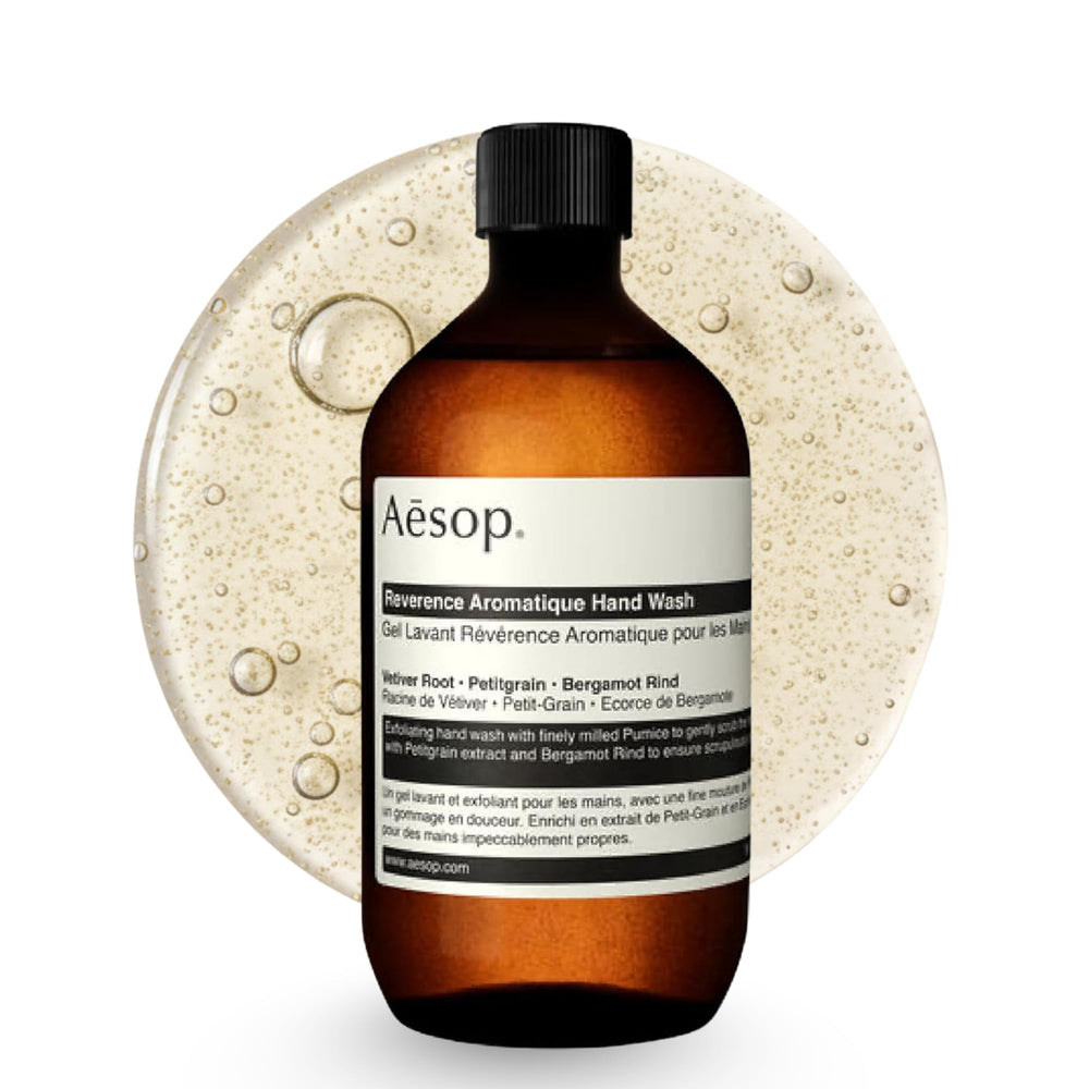Aesop Reverence refill front view showing branding and 16.9 oz size benefit