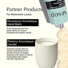 Aesop bottle staged on vanity with towel to convey ritual use and sensory relaxation benefit