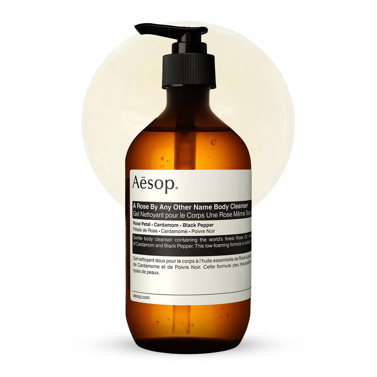Aesop front bottle view showing elegant label and recycled packaging benefits