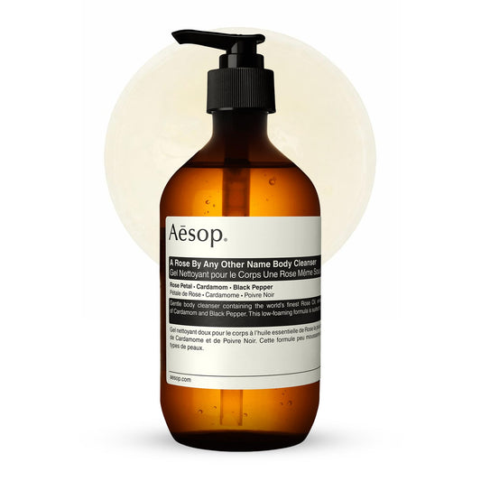 Aesop front bottle view showing elegant label and recycled packaging benefits