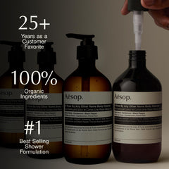 Gel texture close-up of Aesop cleanser showing gentle lathering benefit