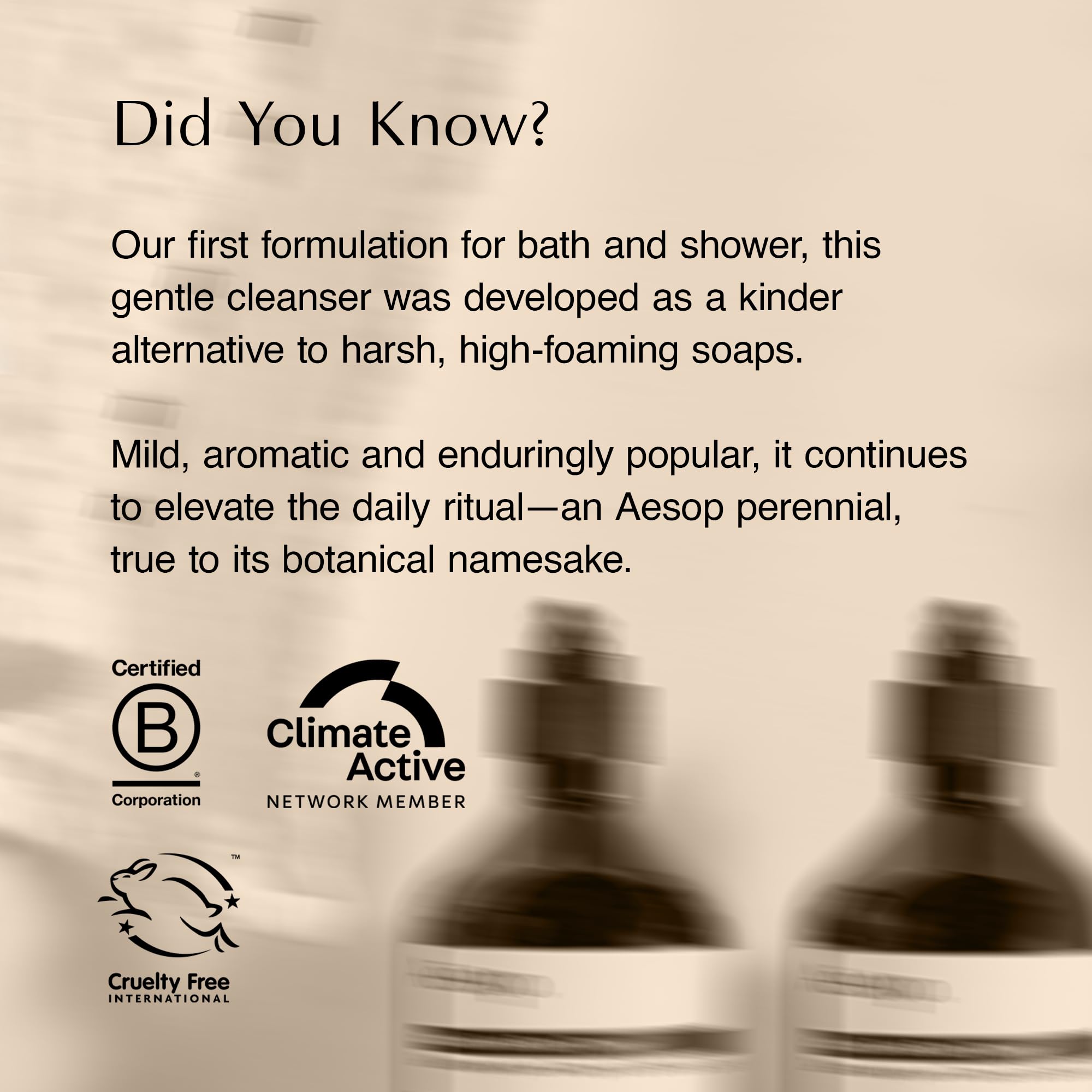 Bathroom lifestyle with Aesop cleanser evoking calming, botanical shower benefit