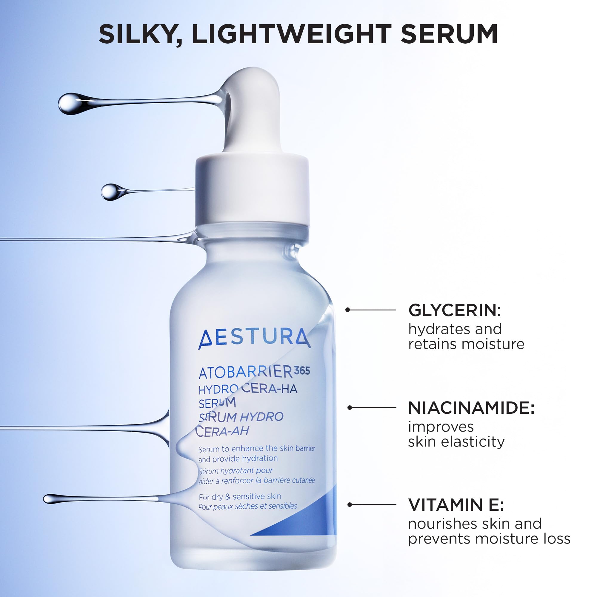 AESTURA pipette dispensing clear serum for controlled, hyaluronic hydration