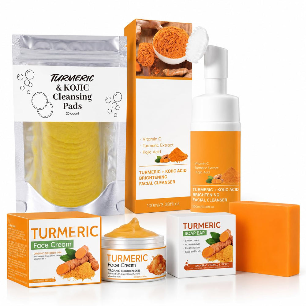 AEWOTING front packaging of the 4-piece turmeric skincare set showing kit benefit