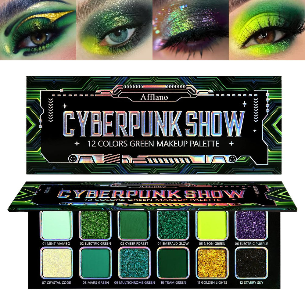 Afflano front packaging showing palette and shade range for striking green looks