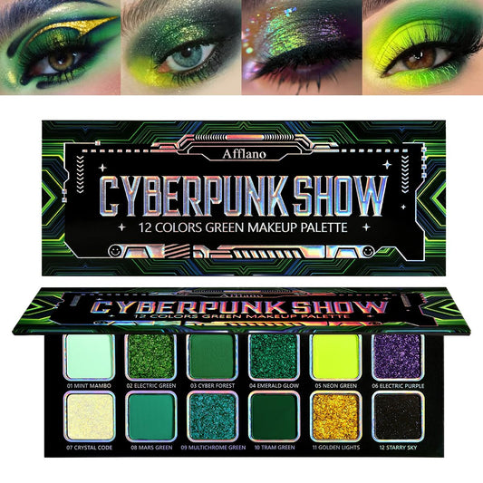 Afflano front packaging showing palette and shade range for striking green looks