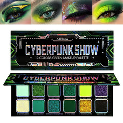 Afflano front packaging showing palette and shade range for striking green looks