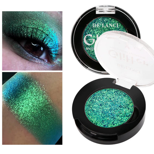 Afflano front pan compact green showing vibrant chameleon shimmer benefit