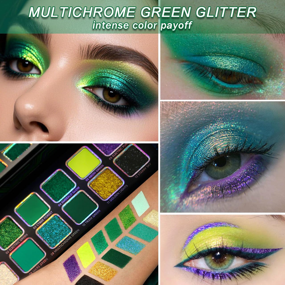 Model wearing Afflano palette creating a bold party eye with dynamic color shift