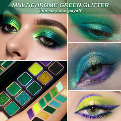 Model wearing Afflano palette creating a bold party eye with dynamic color shift