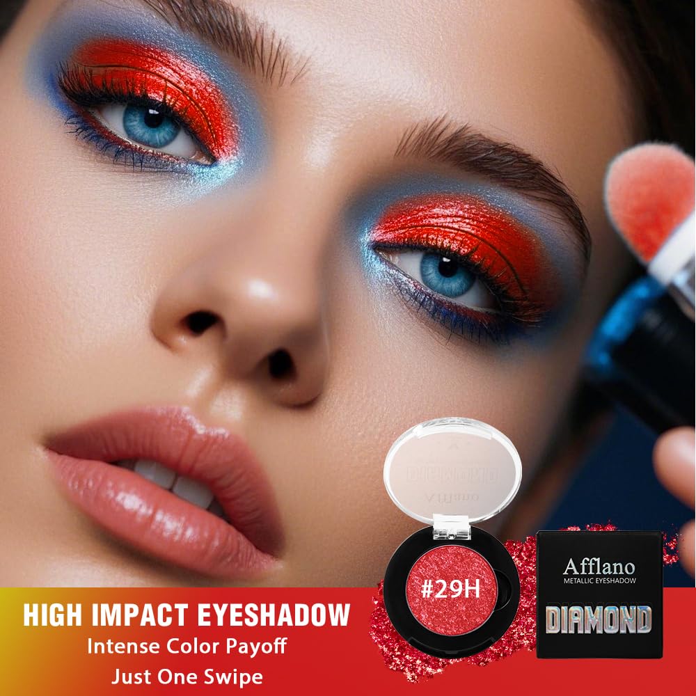 Afflano eyeshadow applied on model lid demonstrating intense red sparkle benefit