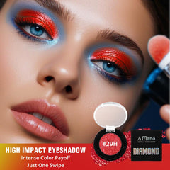 Afflano eyeshadow applied on model lid demonstrating intense red sparkle benefit