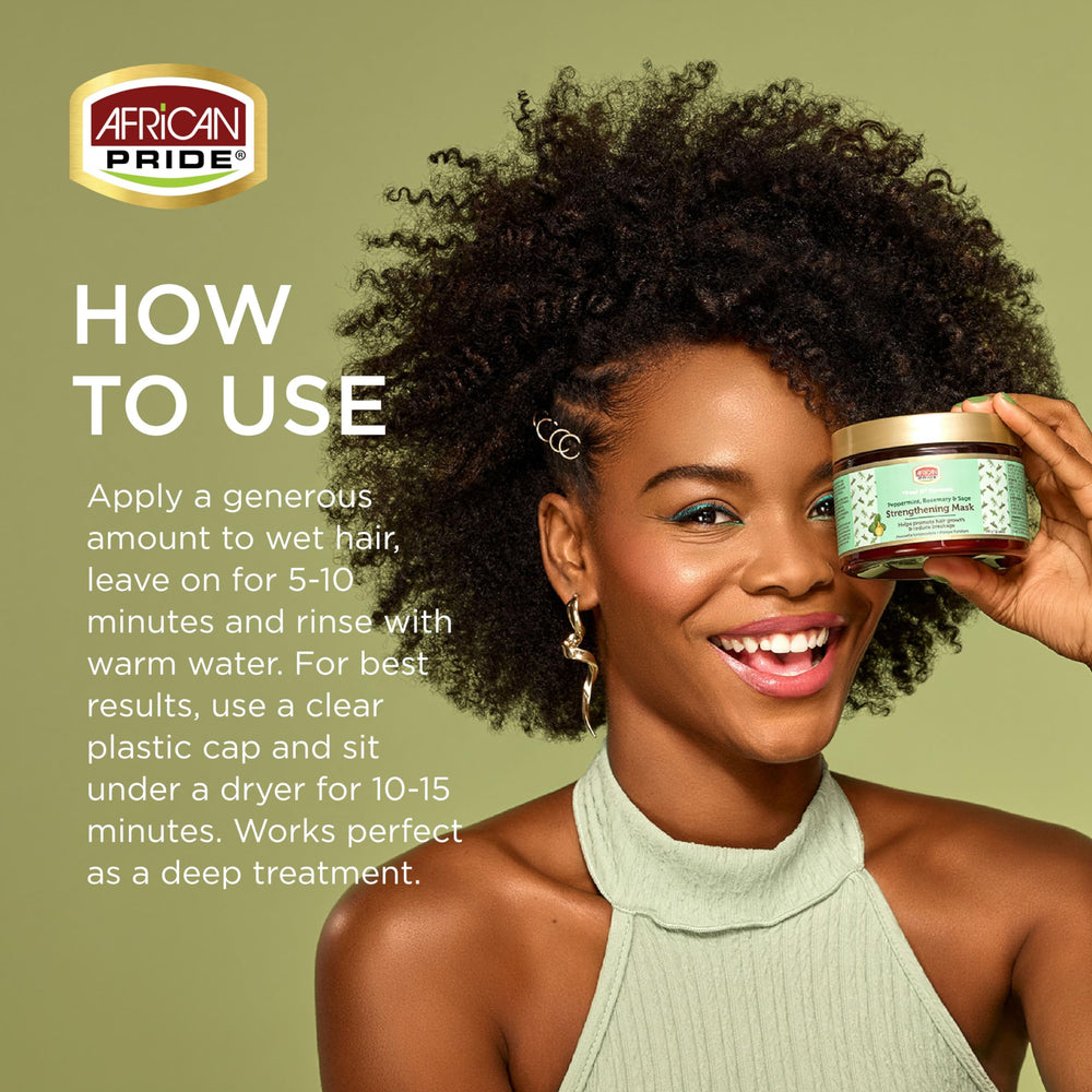 African Pride ingredient label highlighting peppermint rosemary sage benefits