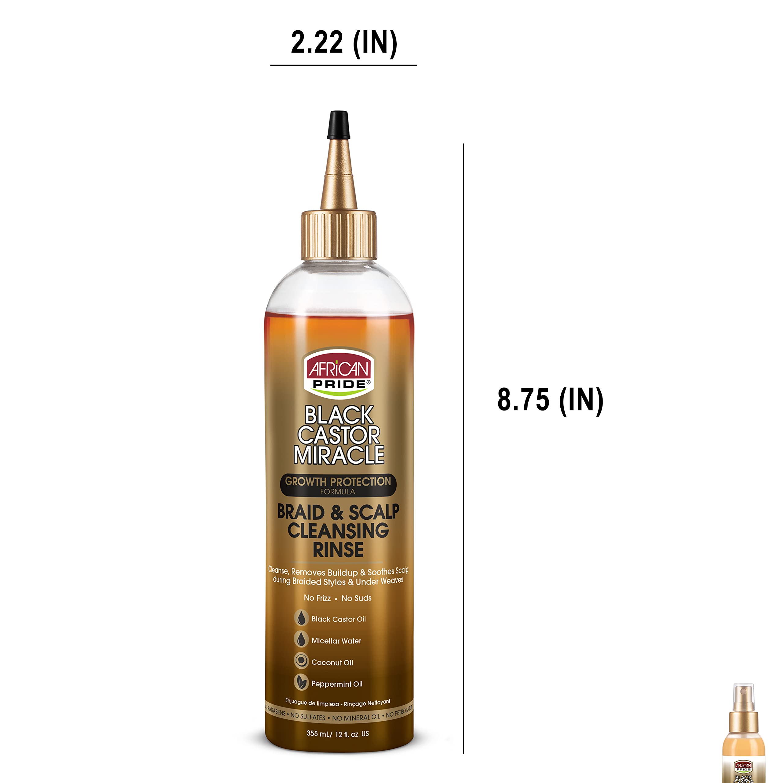 African Pride size comparison in hand demonstrating convenient 12 oz benefit