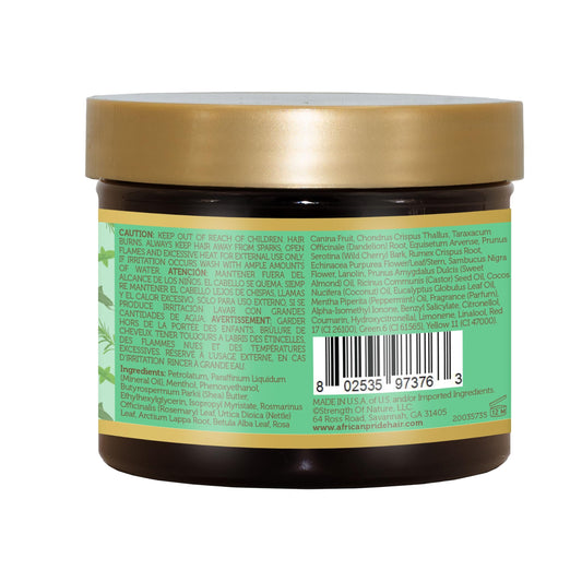 African Pride back label closeup listing ingredients and usage benefits