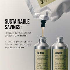 AG Care refill being poured into bottle for waste-reducing refill use