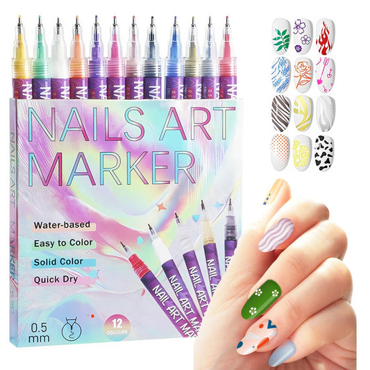 Agaommio front packaging showing 12 colorful nail art markers for instant creativity