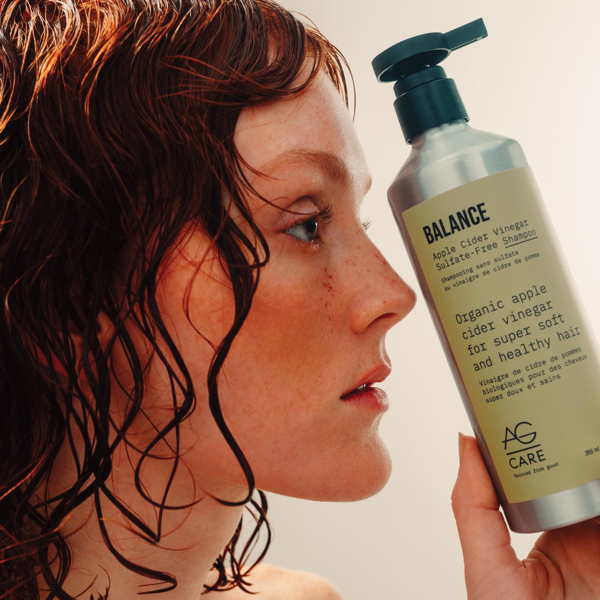 AG Care glossy hair after rinse demonstrating smooth, frizz-controlled finish