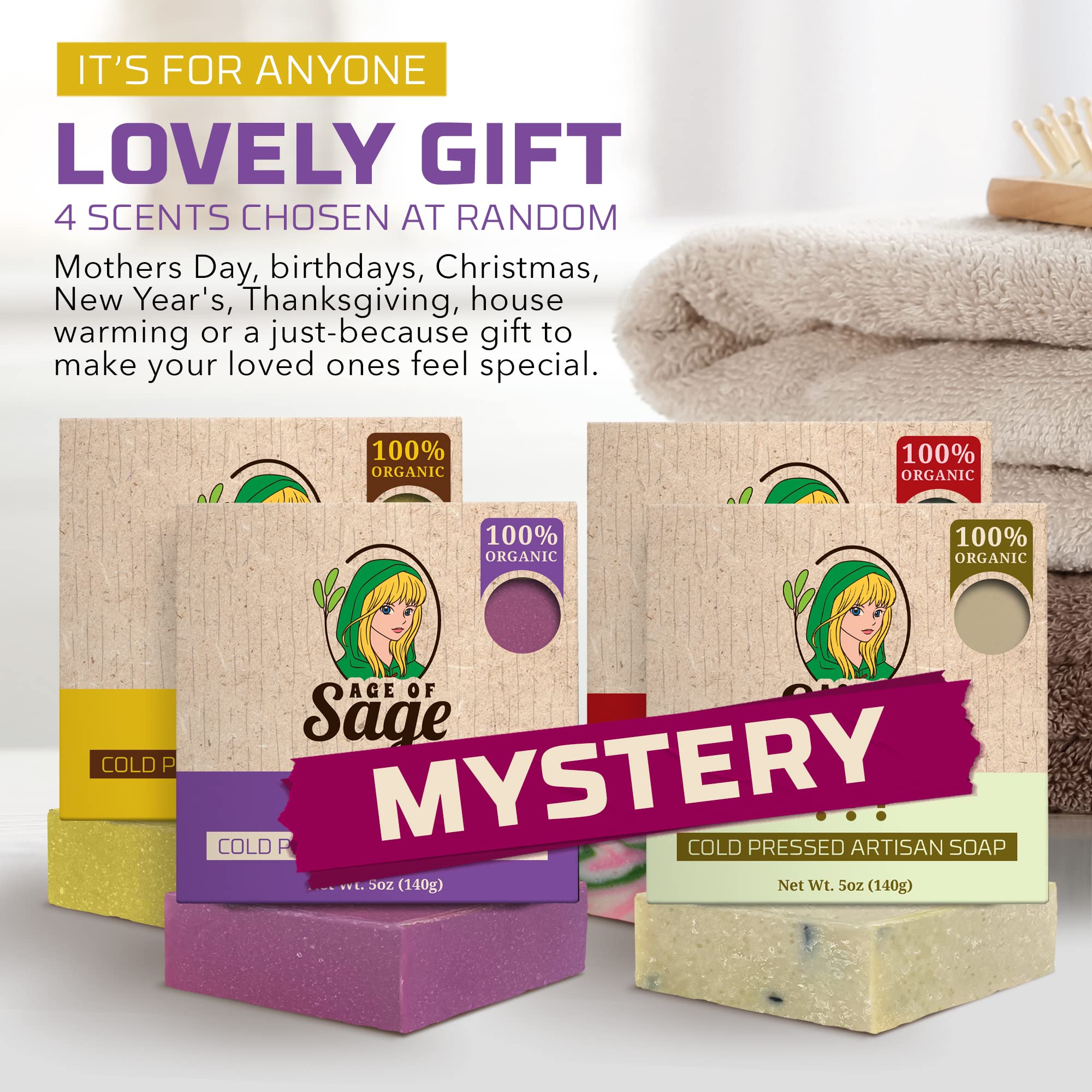 Age of Sage four bars displayed on a bathroom shelf for everyday use