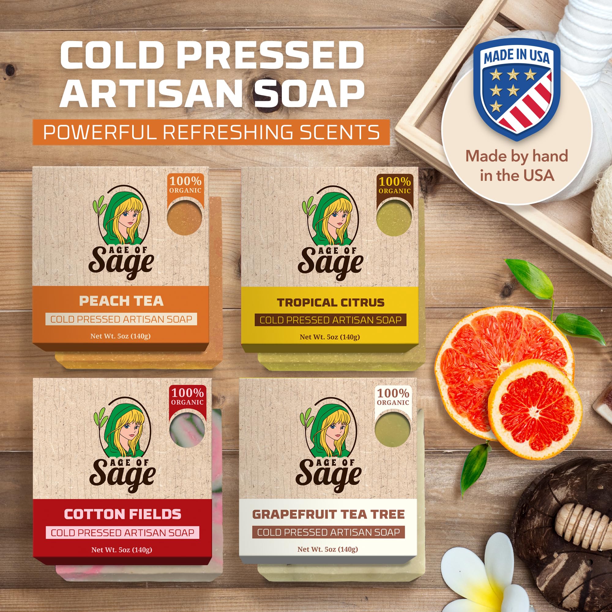 Age of Sage four bars stacked to display size and artisanal hand‑mixed texture benefits