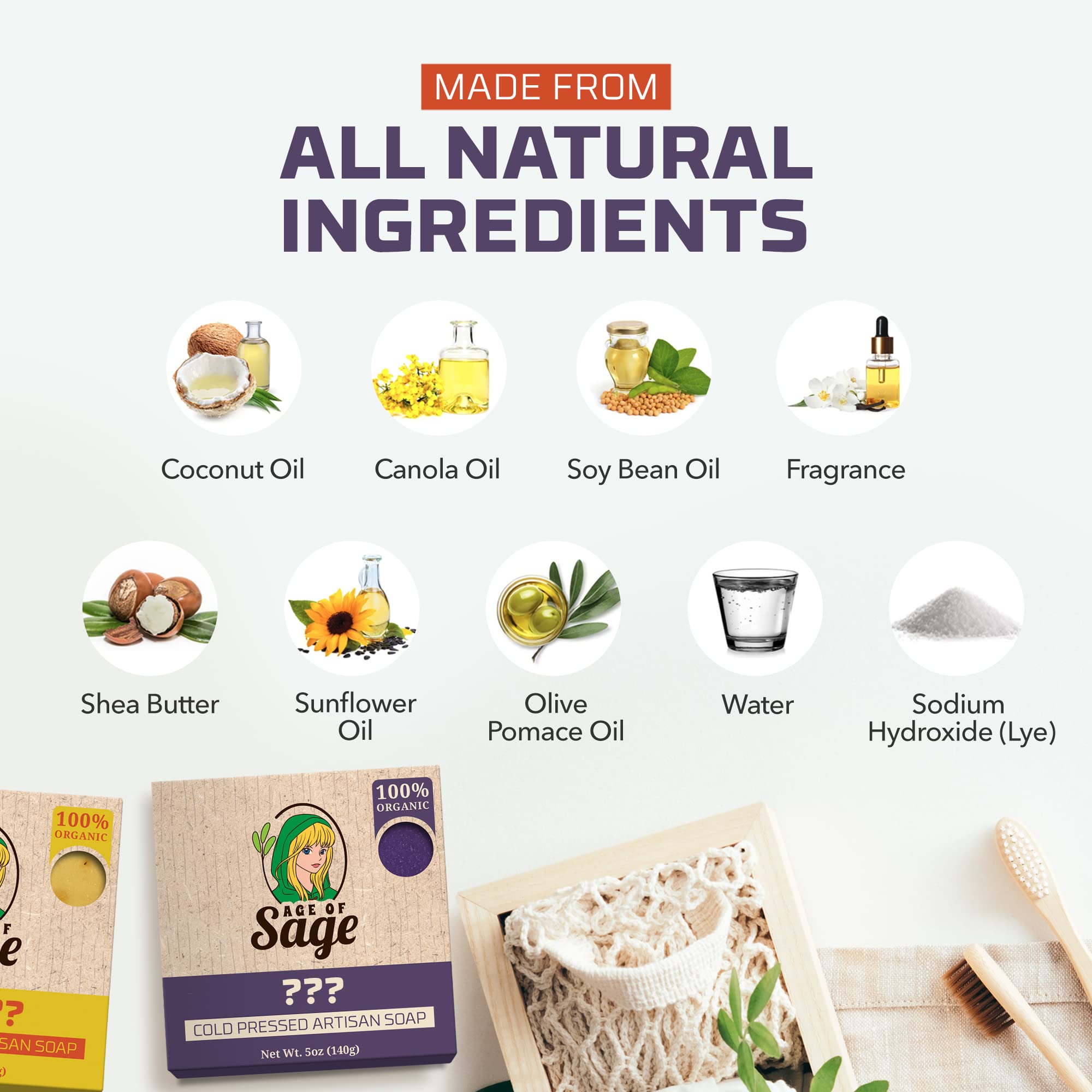 Age of Sage ingredient flatlay with plant oils showing natural composition