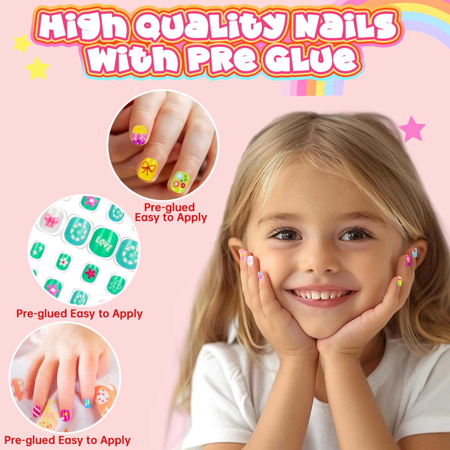AGGKKY child wearing colorful press-on nails demonstrating fun wearable nail art