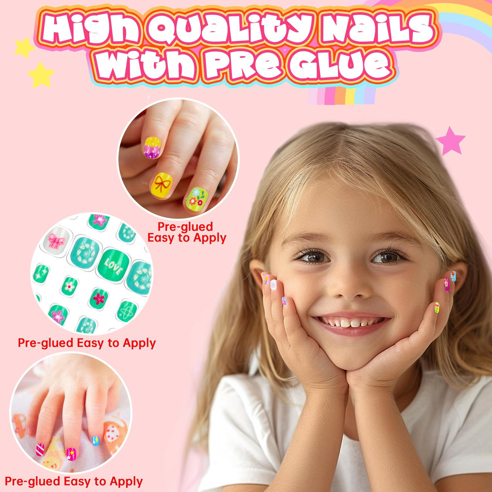 AGGKKY child wearing colorful press-on nails demonstrating fun wearable nail art