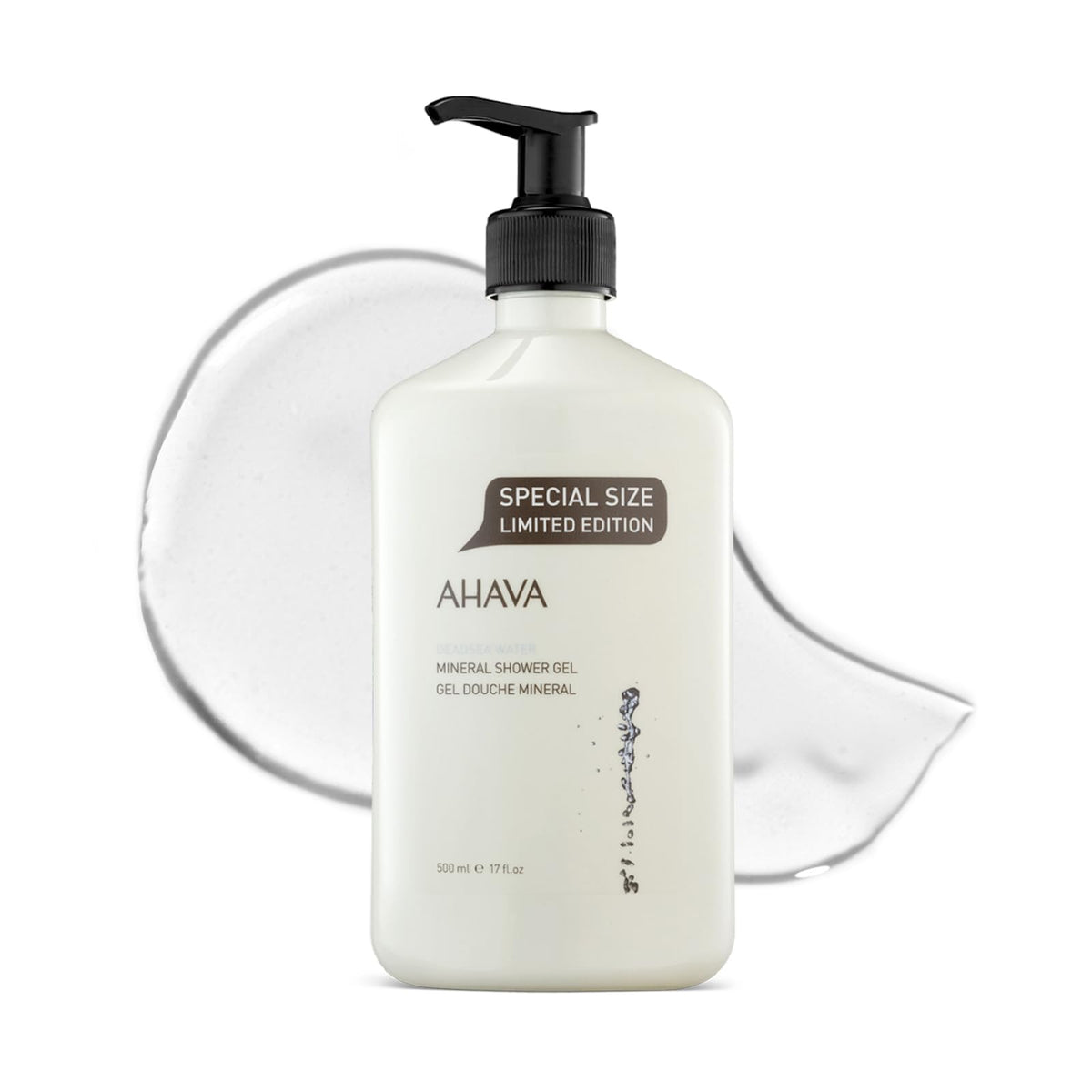 AHAVA front bottle view showing label and size with clear moisturizing benefits