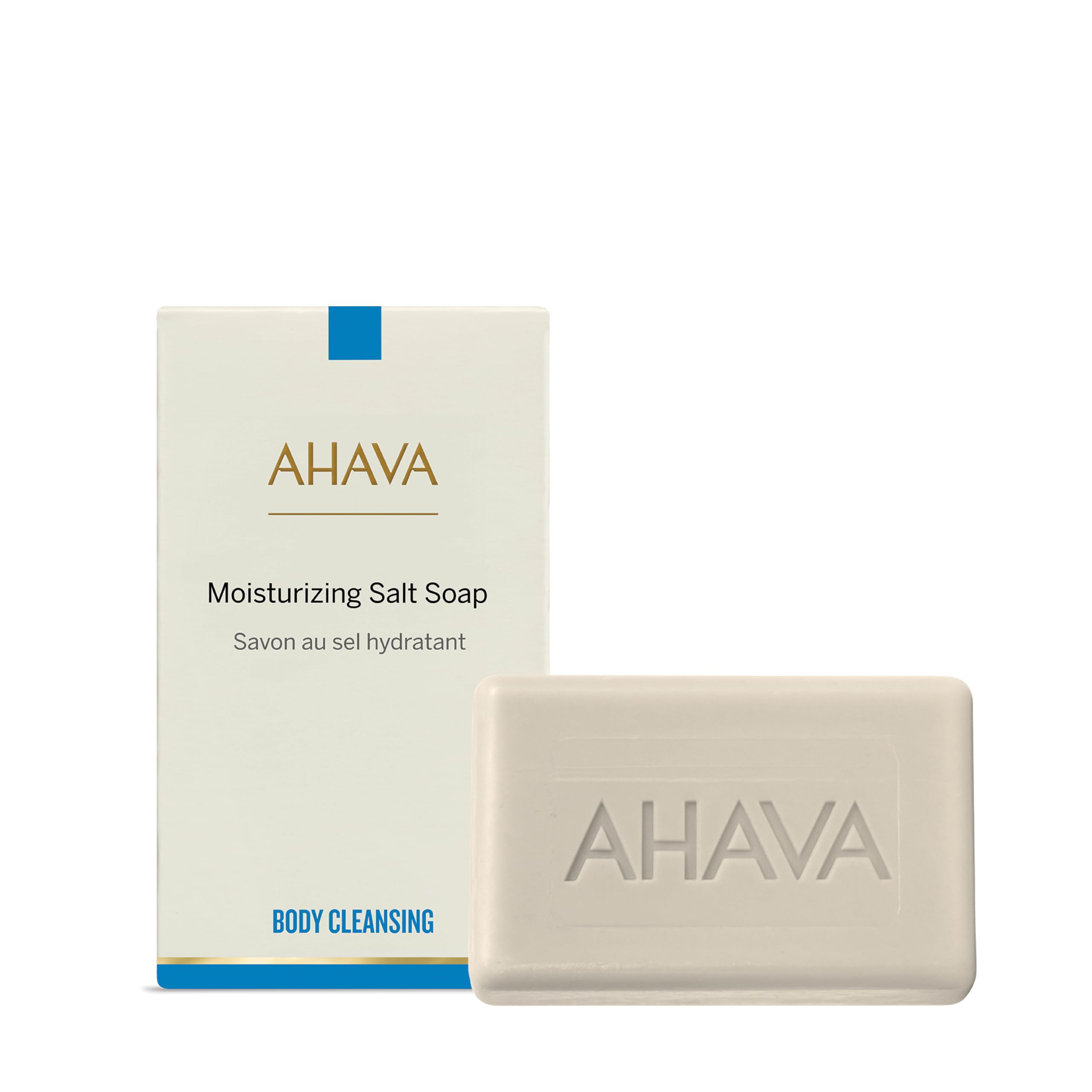 AHAVA front packaging showing product and minerals, supports gentle cleansing