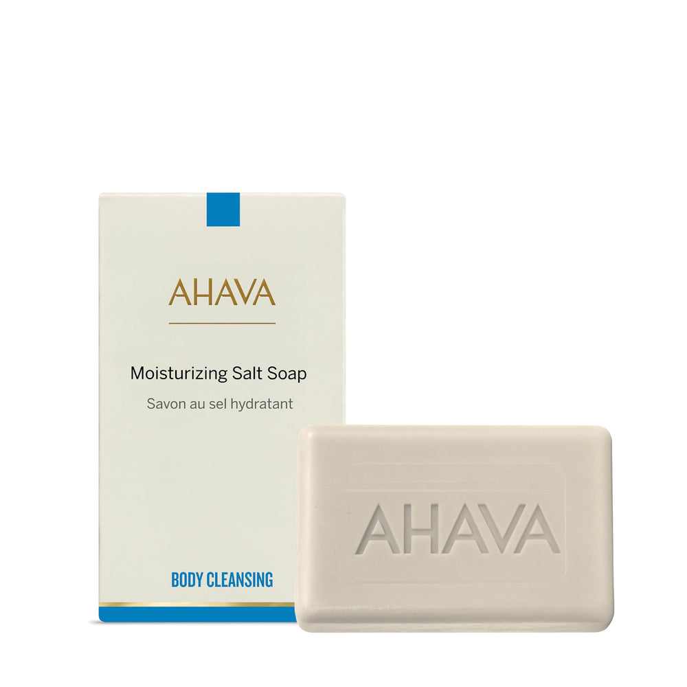 AHAVA front packaging showing product and minerals, supports gentle cleansing