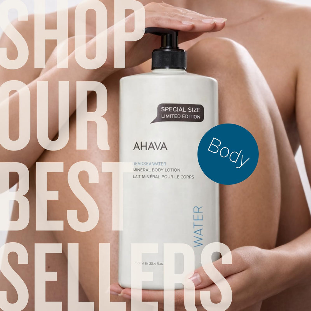 AHAVA bottle on bathroom shelf in a clean lifestyle setting benefit