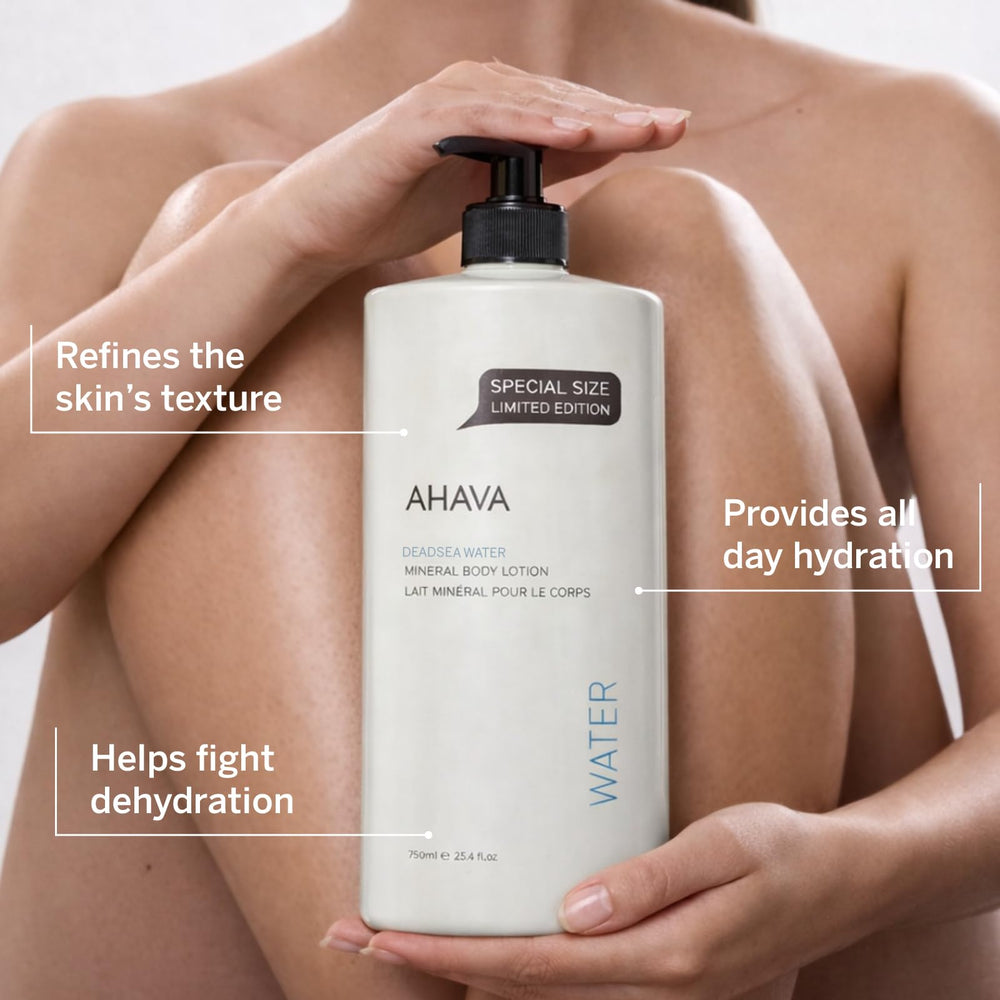 AHAVA dispensing lotion from pump demonstrating easy application benefit