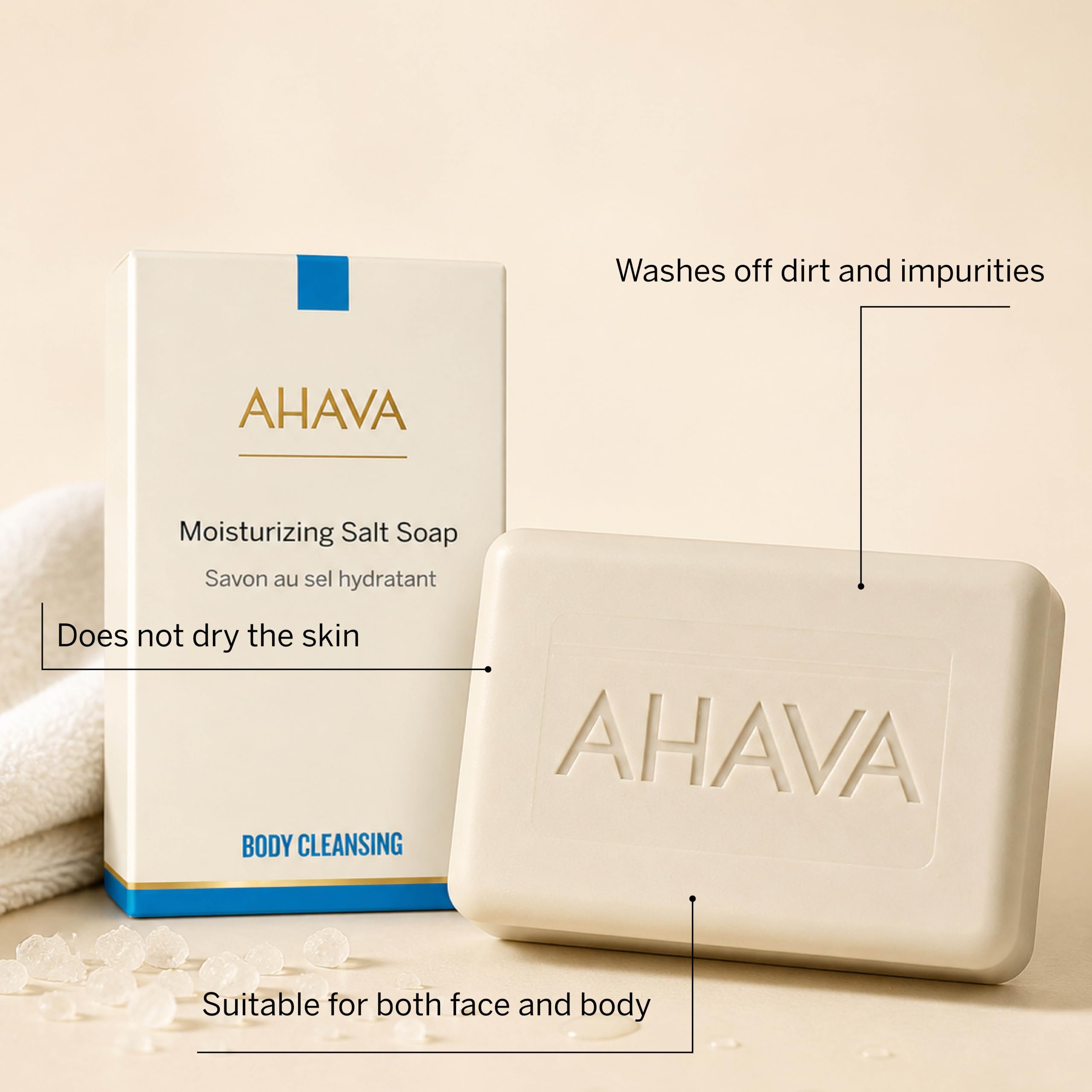 AHAVA soap resting on a draining dish, prevents soggy bar and extends life