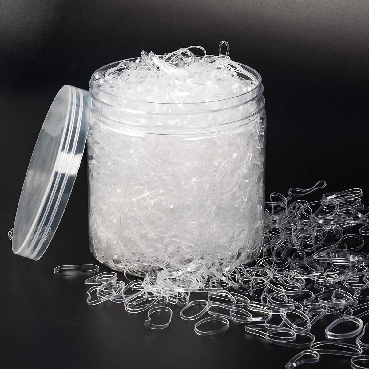AHIER front packaging showing 2000 clear elastics and tidy box for easy storage