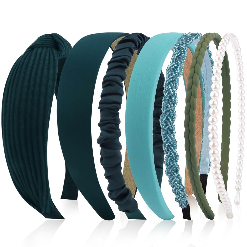 AHONEY front pack of seven green headbands showing set variety and styling convenience