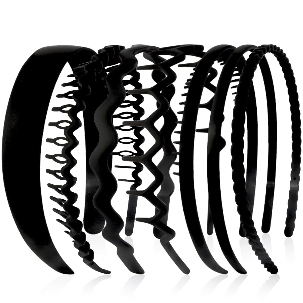 AHONEY front pack of seven black headbands showing variety and convenience