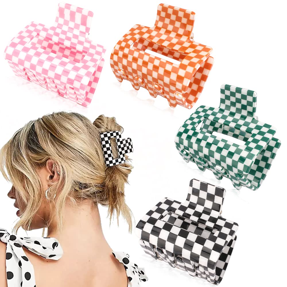 AHONEY front view of four checkered clips showing colorful pattern and compact size for style