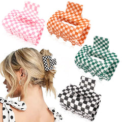 AHONEY front view of four checkered clips showing colorful pattern and compact size for style
