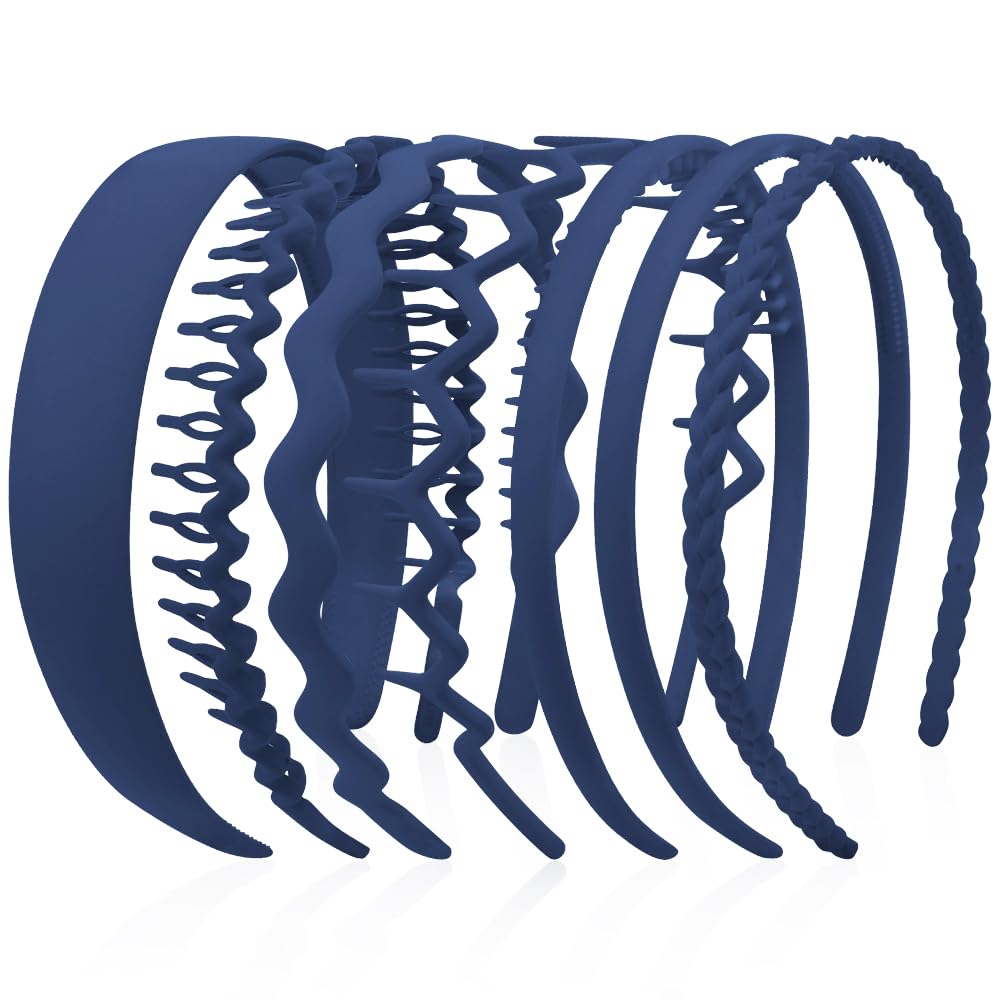 AHONEY front view of seven navy blue headbands showing variety and compact packaging benefit