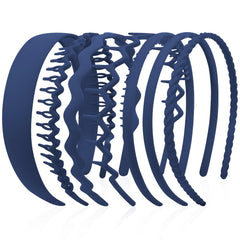 AHONEY front view of seven navy blue headbands showing variety and compact packaging benefit