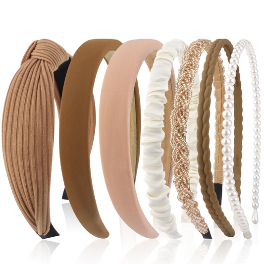 AHONEY front pack of seven neutral headbands showing variety and convenience
