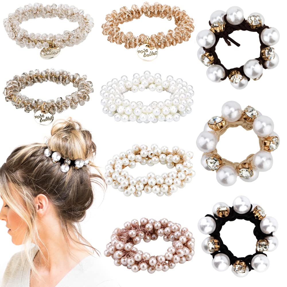 AHONEY front view of nine pearl hair ties showing packaging and variety, elegant presentation